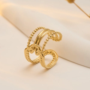Minimalist gold stainless steel open multi-layer wrap ring with bead pattern details