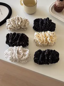 Set of six pleated chiffon scrunchies with polka dots and floral patterns for hair styling