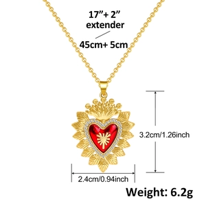 Detailed size specifications for gold crown ruby heart pendant with chain measurements