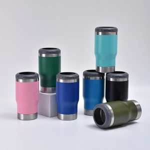 Multiple colors of 14oz stainless steel beer can coolers with silicone rims and smooth finish