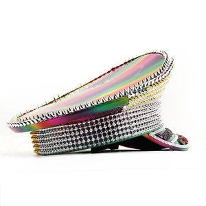 Iridescent captain hat with silver studs and rhinestones for festivals and parties