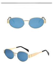 Detailed front and 45-degree side views of gold oval sunglasses with blue lenses