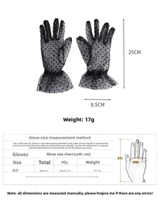 Detailed size chart for black polka dot lace bridal gloves with measurement guidelines