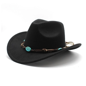 Black wool felt western cowboy hat with woven leather band and turquoise stone accents