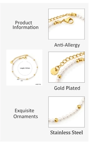 Detail of gold plated stainless steel pearl bracelet with size and anti-allergy specs