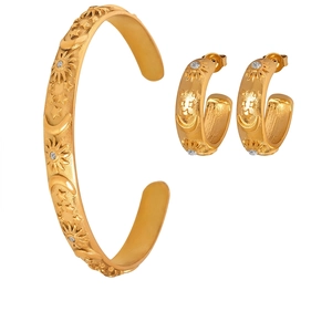 Stainless Steel Celestial Sun Moon Star Relief Jewelry Bangle C-Hoop Earrings French Retro Vintage Style For Women