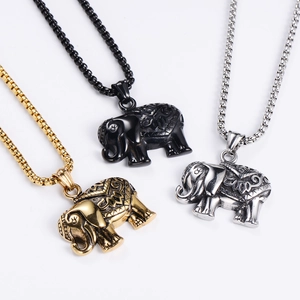 Classic elephant pendant necklaces in gold, silver and black stainless steel options