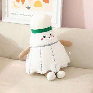 Creative badminton plush doll soft toy in white fluff sitting on a cozy sofa