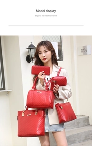 Red quilted leather 6-piece handbag set shown on a model for casual elegant style