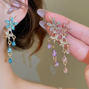 Flower Butterfly Teardrop Long Tassel Drop Earrings With 925 Sterling Silver Earring Post Alloy Rhinestone Elegant Jewelry