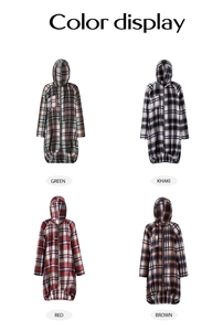 Detailed color selection guide for hooded plaid jackets in green, khaki, red, and brown