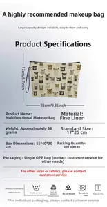 Detail view of cartoon bear linen cosmetic bag showing 17x25cm dimensions and specs