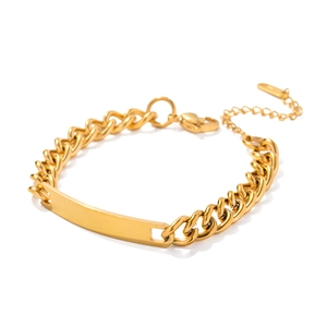 Gold plated stainless steel Cuban link bracelet with smooth ID tag and adjustable chain