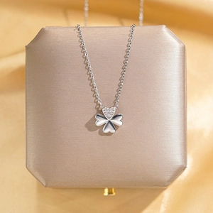 Heart Four Leaf Clover Pendant Necklace Titanium Steel Shiny Zircon Inlaid Elegant Korean Style Jewelry For Women