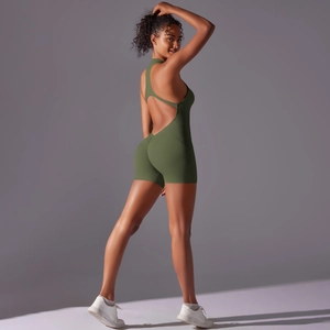 Detail of olive green backless yoga bodysuit featuring scrunch butt and racerback design