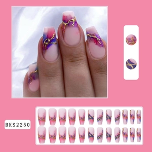 Detailed view of 24pcs long coffin press-on nails with pink purple marble and gold foil