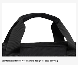 Close-up of durable nylon texture and reinforced top handle on black business bag