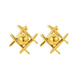 Minimalist gold geometric cross earrings with polished metal sphere in center