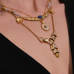 Three-layer gold stainless steel ocean set with sapphire crescent and star pendants