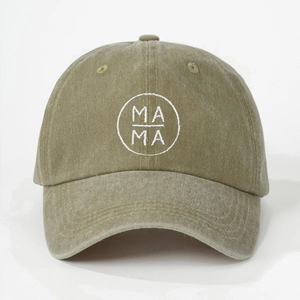 Army green washed cotton baseball cap featuring MA MA embroidery in a minimalist design