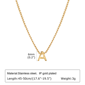 Close-up of 18k gold plated stainless steel letter A pendant with measurement details