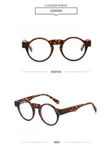 Detailed views showing the leopard print pattern and thick frame of these round sunglasses