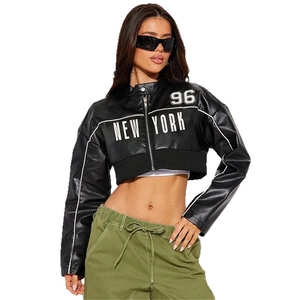 Schwarze Leder-Bikerjacke mit New York 96 Print im stylischen kurzen Flieger-Stil