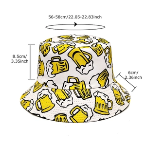 Unisex white cotton bucket hat with beer mug print featuring size dimensions layout