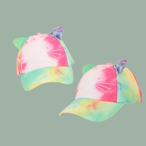 Kids tie-dye baseball cap with 3D cat ears and cute heart embroidery detail