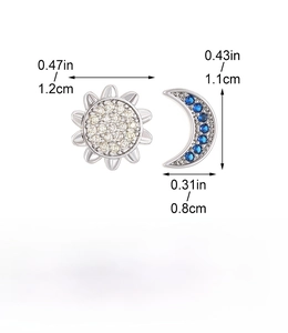 Detail view of sun and moon stud earrings with dimensions and material specs