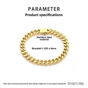 Close-up of 8mm gold stainless steel Cuban link bracelet with folded clasp and dimensions
