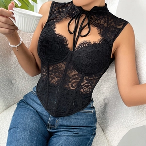 Sexy black lace corset top with halter neck and sheer floral embroidery detail