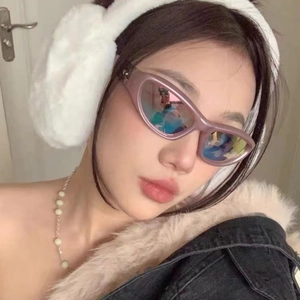 Y2K narrow wrap-around sunglasses with iridescent lenses and pearlescent purple frame