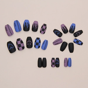Graffiti press-on nails with blue flame, heart, and checkerboard street style design