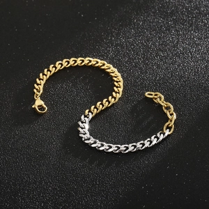 Two-tone gold and silver Cuban link bracelet in stainless steel with a lobster clasp