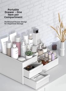 Close-up of white minimalist makeup organizer with dual drawers and multi-compartment top