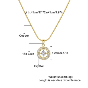 Detail of 18k gold plated necklace with crystal pendant showing size and weight specs