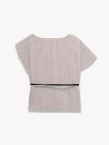 Detail of grey ribbed knit top with a slim black leather belt around the waist