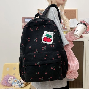 Zaino carino in velluto a coste nero per donna con stampa a ciliegie rosse
