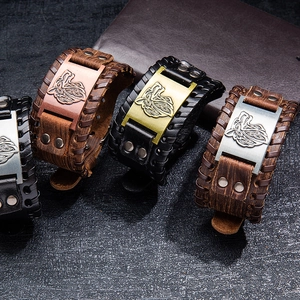 Handmade double-layer leather bracelets with Celtic knot wolf head alloy plates
