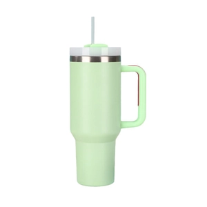 Light green 40oz insulated stainless steel tumbler with handle and straw on white back