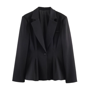 Women Blazer Polyester Slim Fit Peplum Hem Single Button Lapel Office Lady Casual Solid Color Long Sleeve Non-Iron Coat