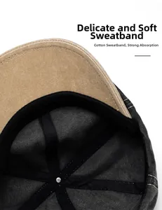 Detail of the soft cotton sweatband inside the vintage washed khaki flat cap