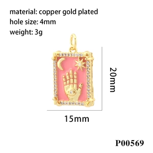 Detailed specs of pink rectangular devil eye charm in 18k gold plated copper with zircons