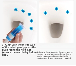 Detail of applying blue floral toilet cleaning gel stamps on ceramic surfaces
