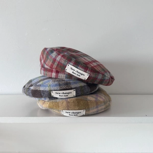 Kids Vintage Plaid Woolen Beret Hat Retro British Style Painter Cap For Girls Boys Autumn Winter