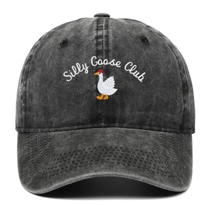 Detail of Silly Goose Club embroidery on washed dark grey vintage baseball cap