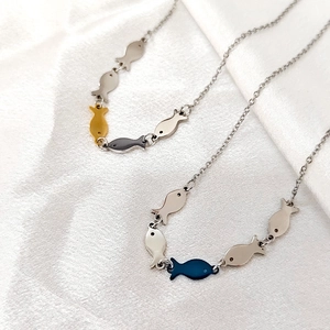 Titanium Steel Fish Pendant Necklace Bracelet Ensemble For Women Minimalist Gold Silver Blue Purple Animal Jewelry Gift