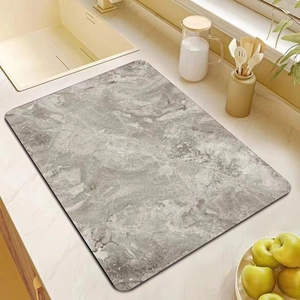 Detailed top view of marble pattern absorbent kitchen mat placed by a sink counter