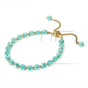 Close-up of 6mm blue crystal beads and adjustable stainless steel slide clasp